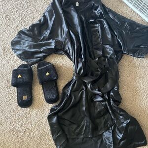 Black Satin Robe and Slippers Set